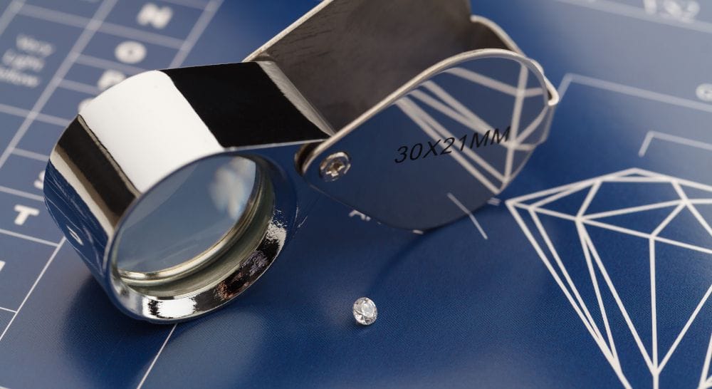 4C Qualität Kriterien auf Unterlage Lupe Diamant Brillant