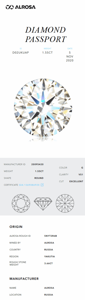 Beispiel eines Alrosa Diamond Passport, welcher die Herkunft und Rohgewicht dieses Diamanten zeigt.